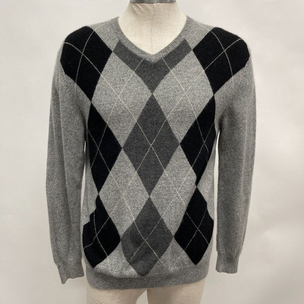 Northern‎ Isles Sweater Medium Gray Argyle Diamond 100% 2 Ply Cashmere V-Neck